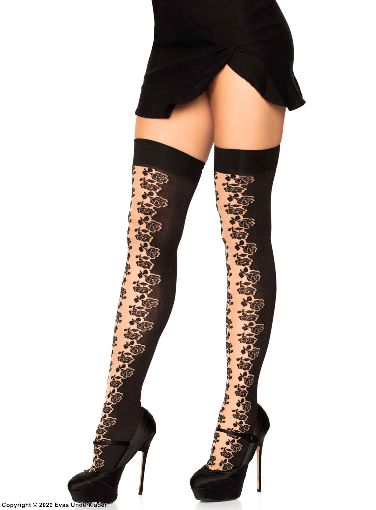 Thigh high stay-ups, opaque fabric, roses